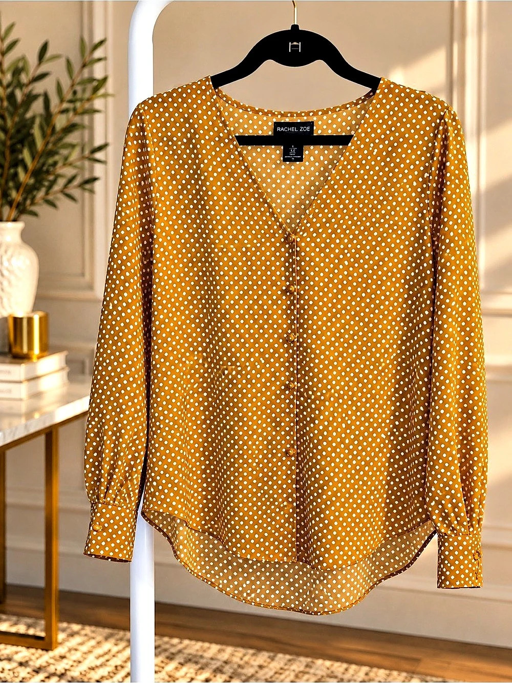 Rachel Zoe Polka Dot Blouse in Tan & White Size Medium